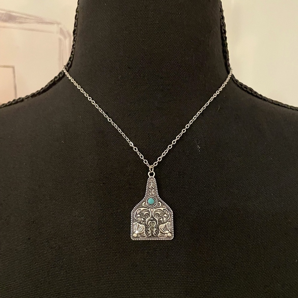 Silver Cow Tag Necklace with Faux Turquoise Stone - Picture 1 of 9